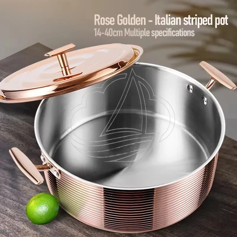 304 Stainless Steel Rose Golden Hotpot Pan All Steel Lid Kitchen Shabu Cooking Pot