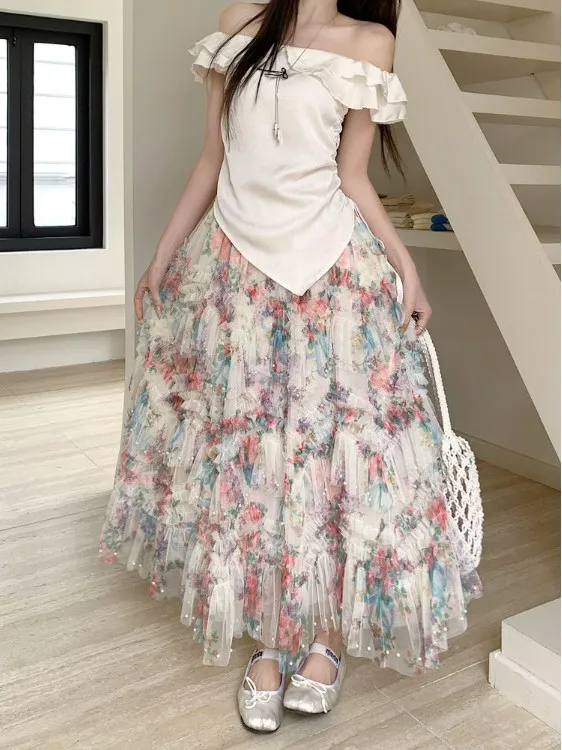 Perlenbesetzte unregelmäßige hohe Taille Rüschen Blumenröcke weiblich 2025, Sommer, Reisen, Urlaub, Datum, Party, knielanger Rock mit Blumendruck