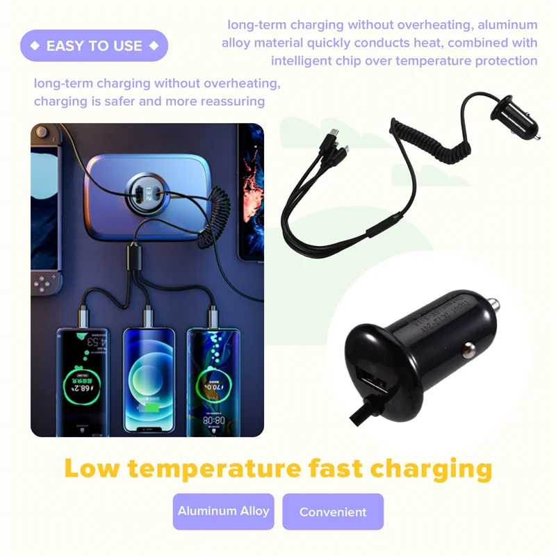 

Phone Charging Adapter 3 Interface Universal Car Charger Type-C For IOS Android Auto Power Accessories