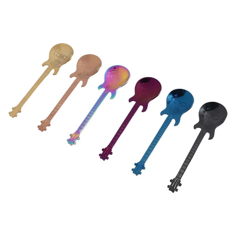 Guitar Coffee Spoons 6-Pack Creative Cute Spoons Stainless Steel Teaspoons Guitar Shaped (Multi-Color)-A03I