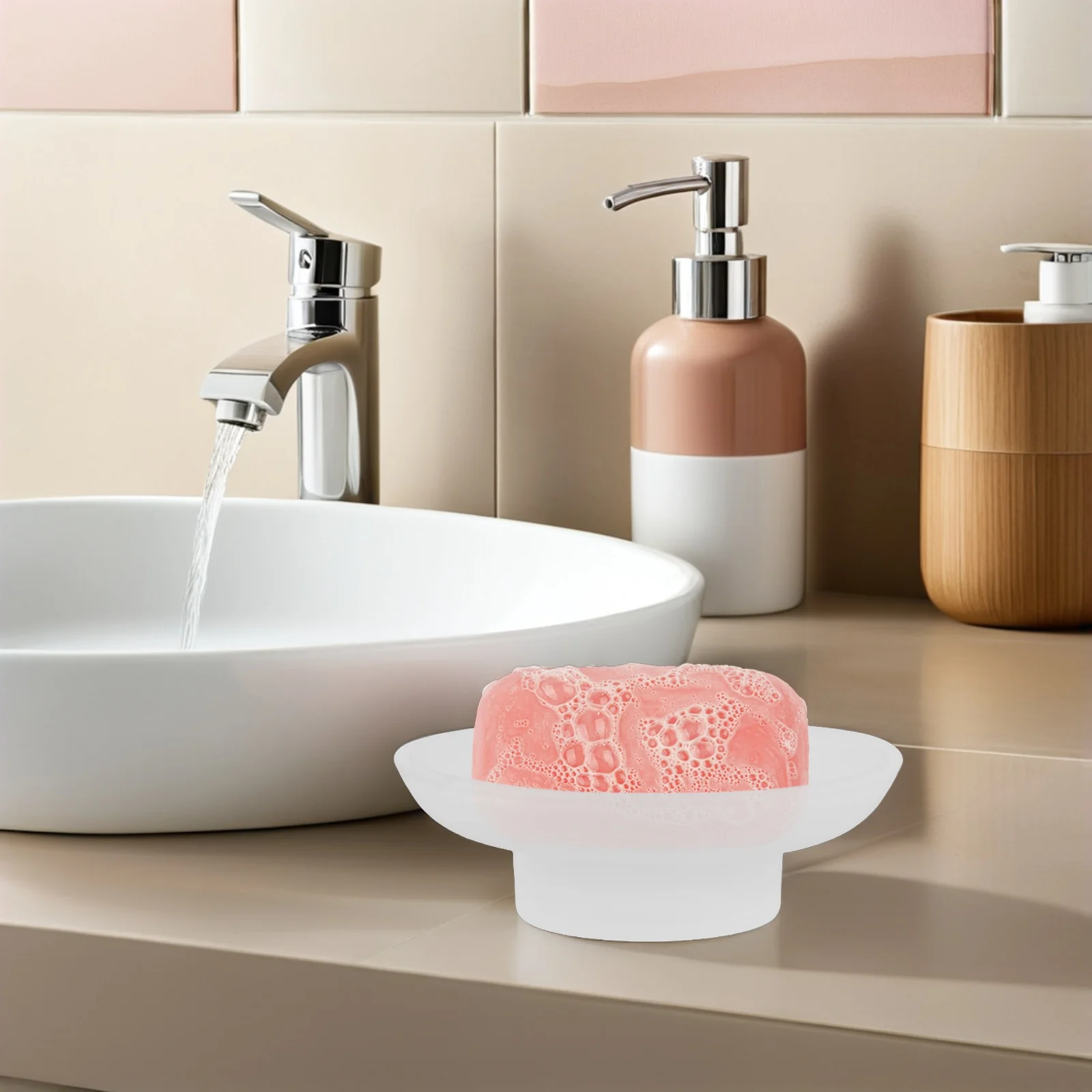 

Elegant Frosted Glass Soap Dish Round Shape Waterproof Bar Soap Holder for Bathroom Sink Counter Decorative Tray Hotel Guest