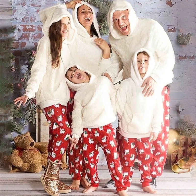 Winter Christmas Family Matching Outfits Adults Kids Family Look Hooded Hoodie Sweatshirt Fleece Warm Sleepwear Set