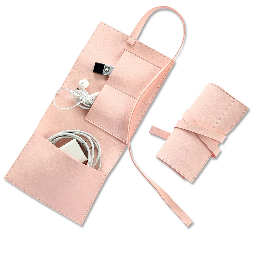 Pink Microfiber Multi-Function Travel Electronic Accessories Jewelry Gift Roll Up Bags For Hard Drive Earphone Charger USB Cable