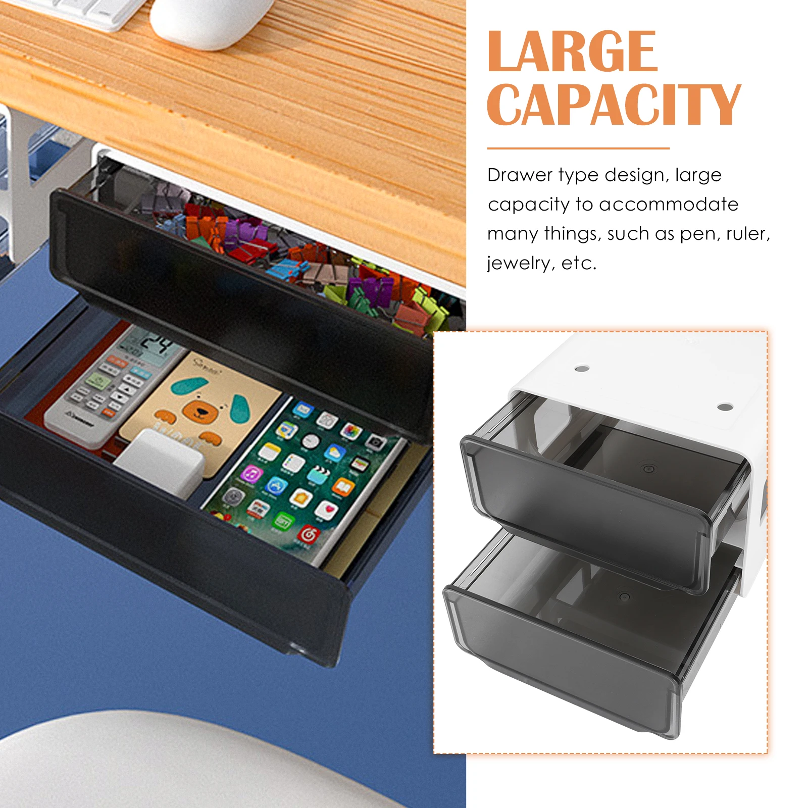 

Adhesive Under Desk Storage Box Drawer Style Large Capacity Hidden Organizer For Pens Rulers Jewelry Stationery Container