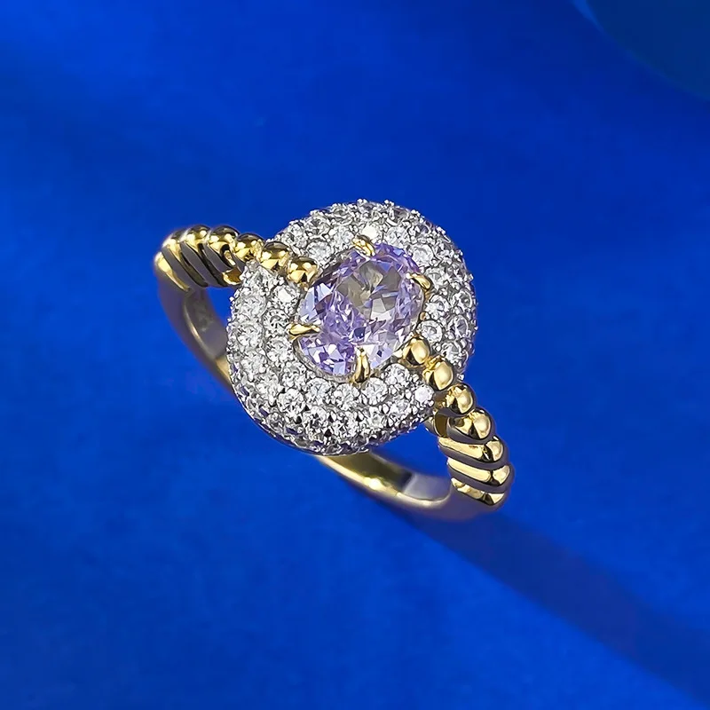 S925 Gold Plated 7X5mm Purple Diamond Ice Cut S925 Silver Ring