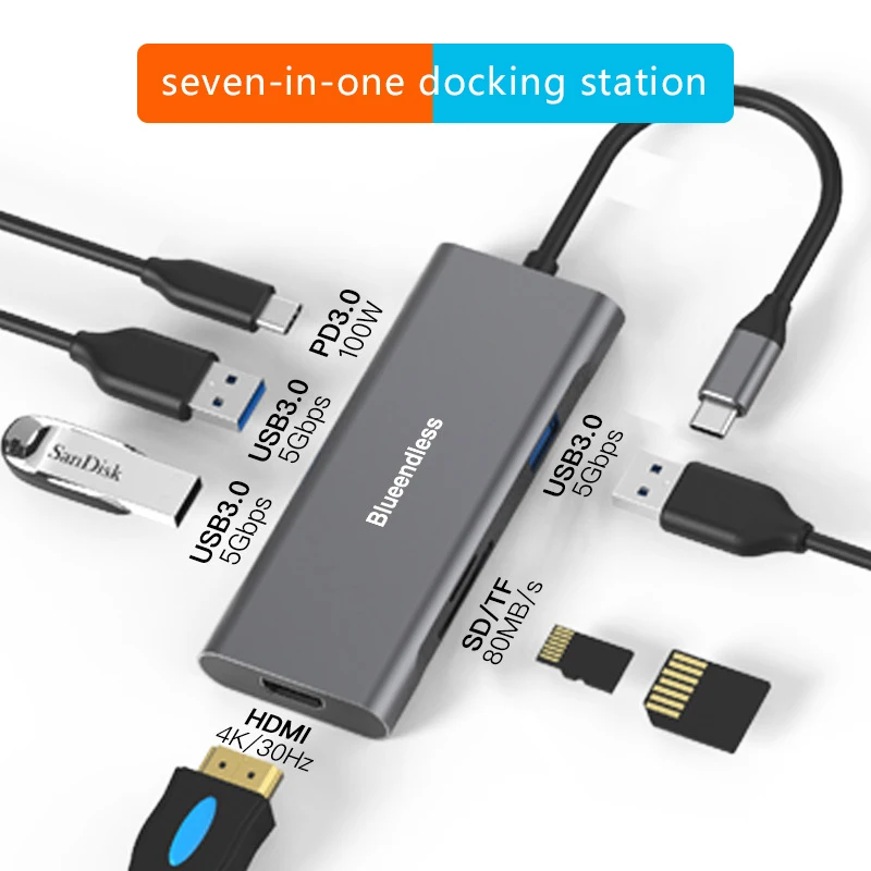 

Type-c Docking Station 7-in-1 HDMI 4K HD PD 100W Multi-function Docking Station USB3.0 Splitter