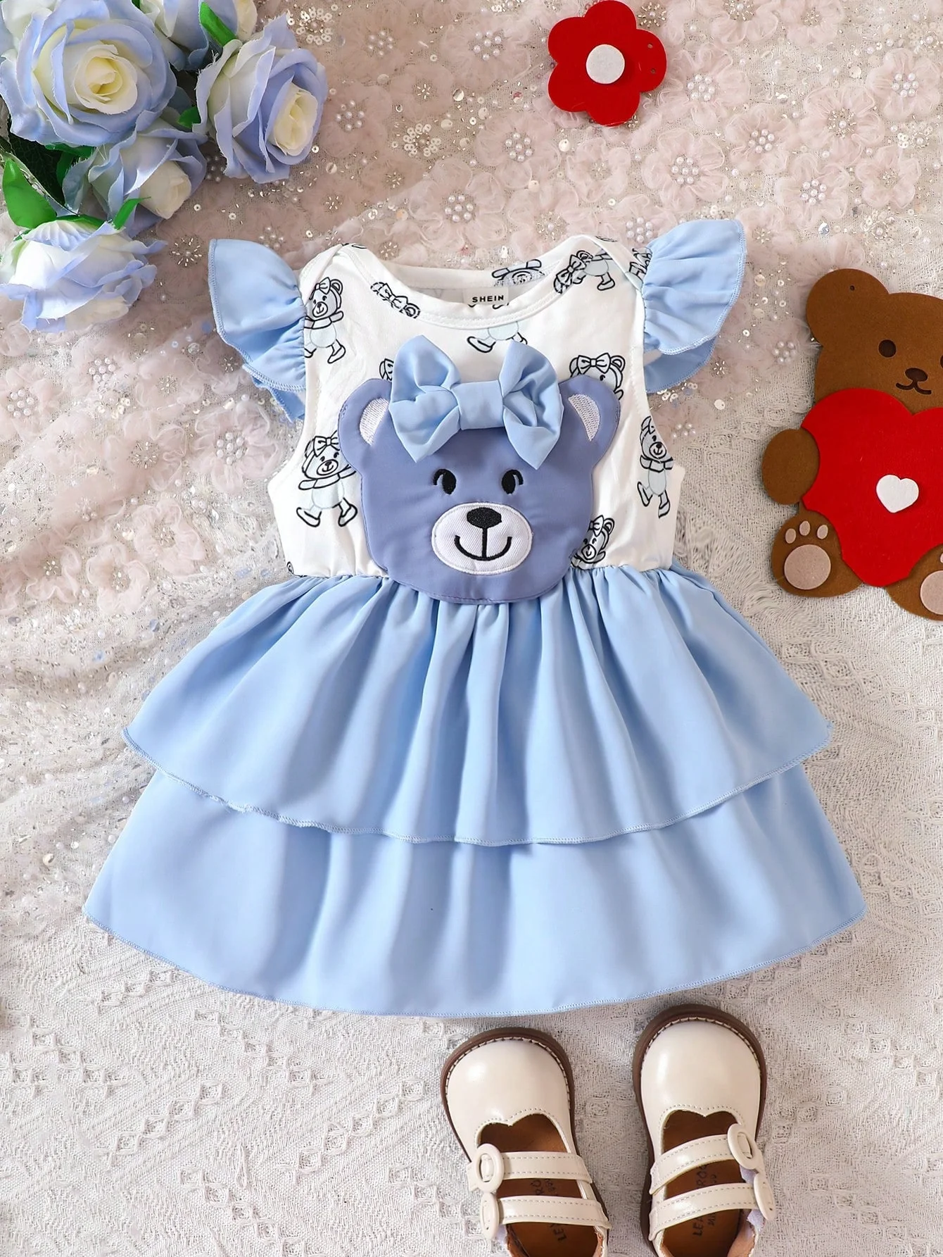 0-2 Years Old Spring And Summer New Round Neck Flutter Sleeve Bear Baby Baby Girl Baby Fashion Cute Foreign Dress