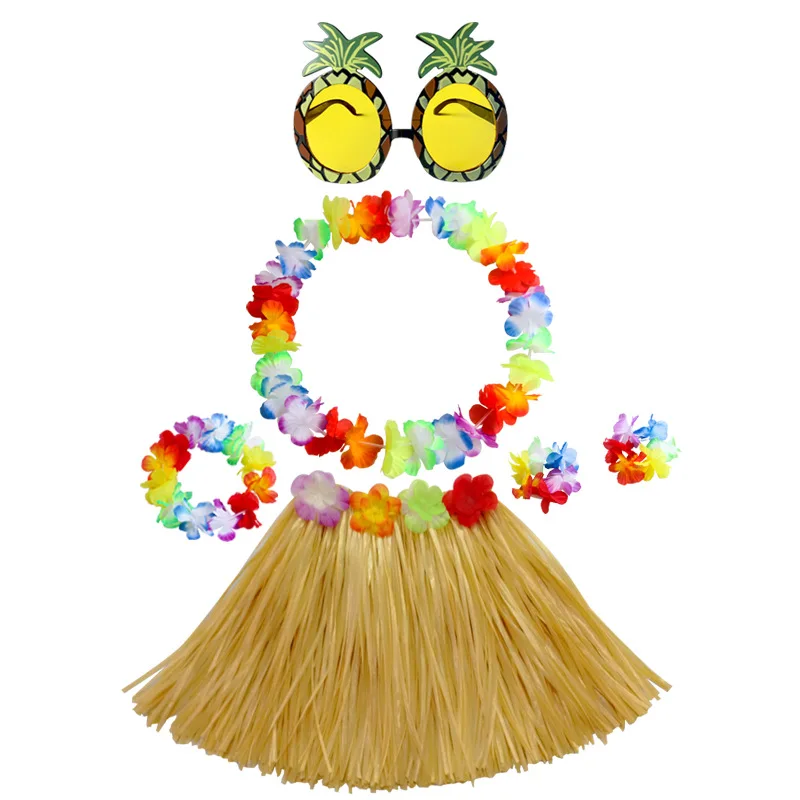 Child Hawaiian Wreath Combination Set, Grass Skirt, Classic, Four Pineapple Glasses, 30cm, 6 Pcs