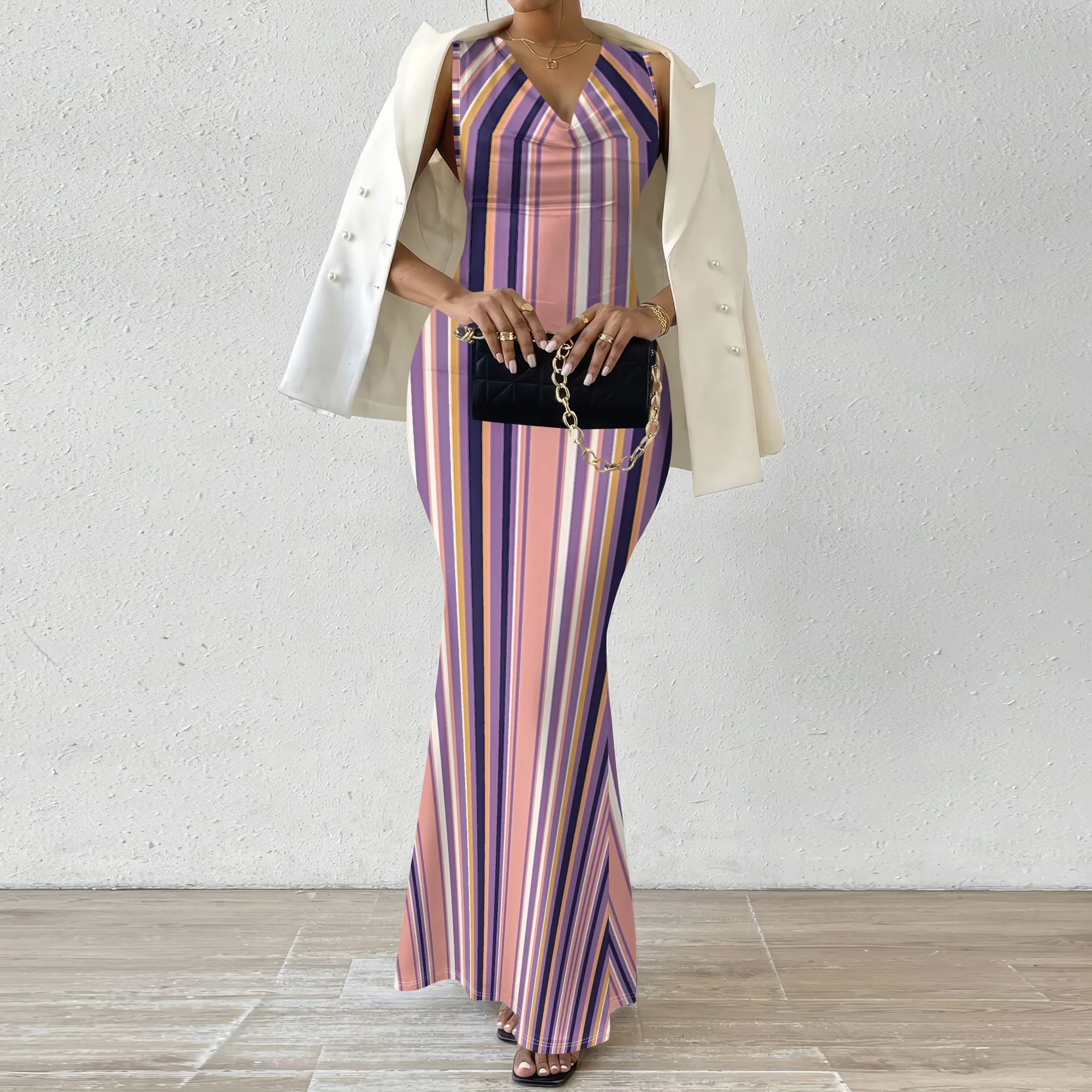 

XS-2XL Fashion Women Striped V Neck Sleeveless Bodycon Maxi Dress Slim Fit Mermaid Long Gown for Cocktail Party Evening Club