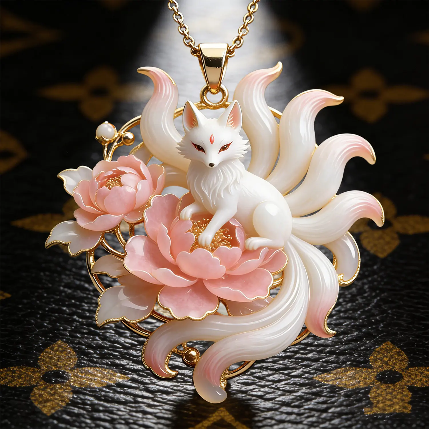 Luxury Cute White Iridescent Carved Nine Tailed Fox Pendant Necklace Long Sweater Chain Elegant Women Daily Jewelry