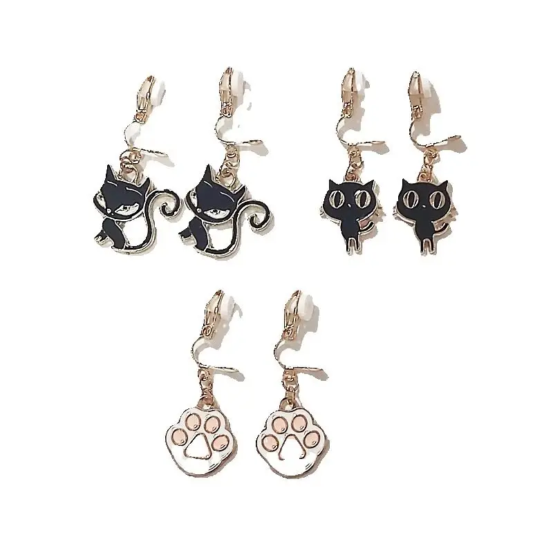 3pairs/set Delicate Enamel Black Cat Hanging Earrings For Women Girls Cute Clip Earrings Jewelry Accessories Party Birthday Gift