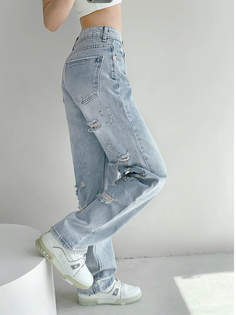 

2023 NEW WOMENGAGA Retro Hole Jeans Women's Back Leg Broken Hole Personalized High Waist Slim Straight Leg Wide Leg Pants NZKN