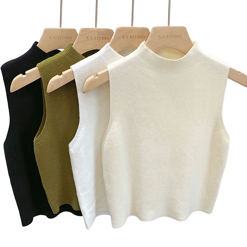 Fashion Half Turtleneck Knitted Tank Top Summer Women Casual Solid Color Sleeveless Vest