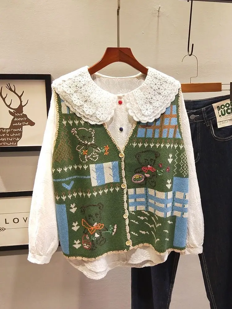 女性のヴィンテージ漫画Vネックニットカーディガンベスト、ノースリーブセーター、カジュアルジャケット、キャミソール、ニットウェア、春と秋