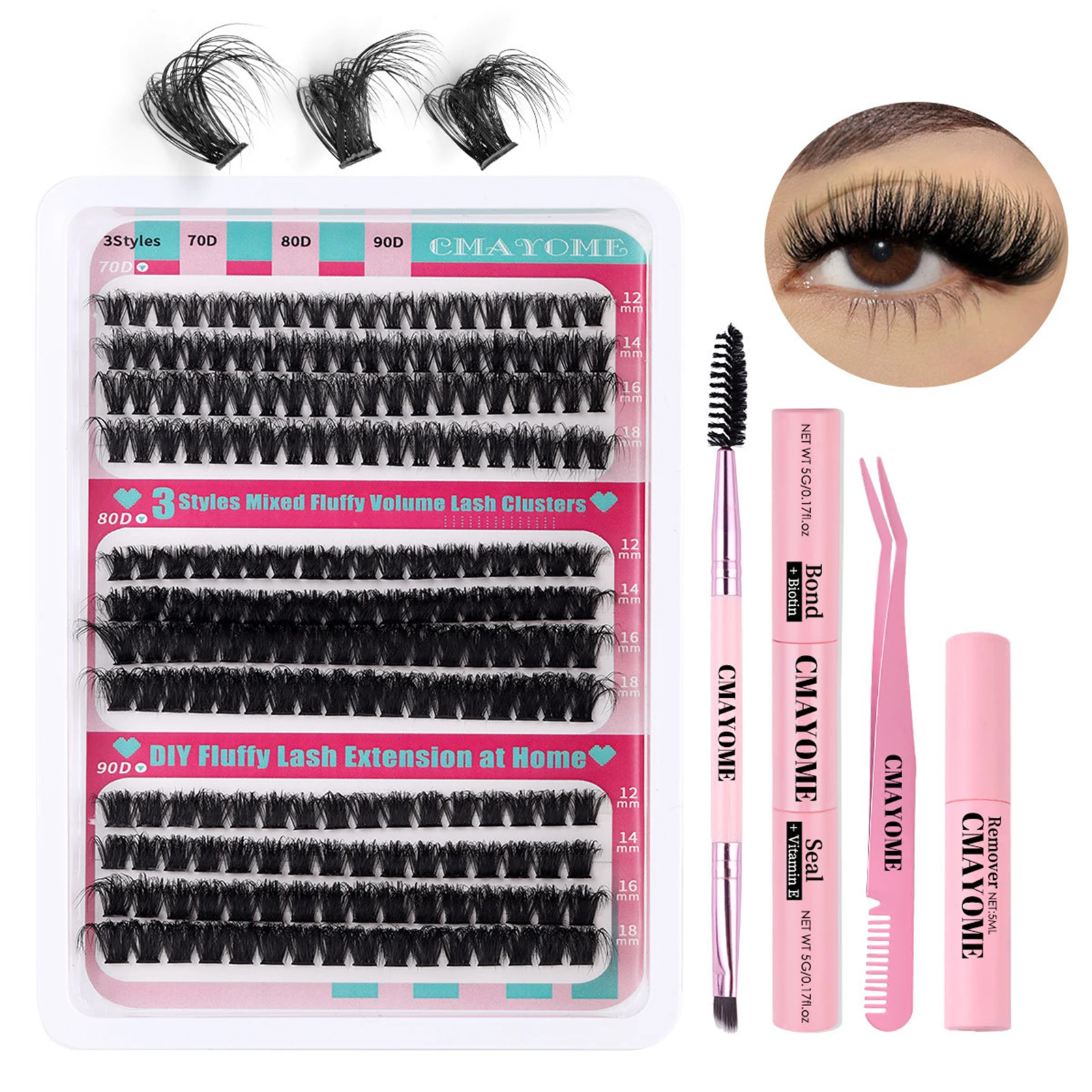 70D 80D 90D Clusters lashes Bond And Seal Glue Remover kit 216pcs Fluffy volume Eyelashes Extension 12-18mm natural long lash