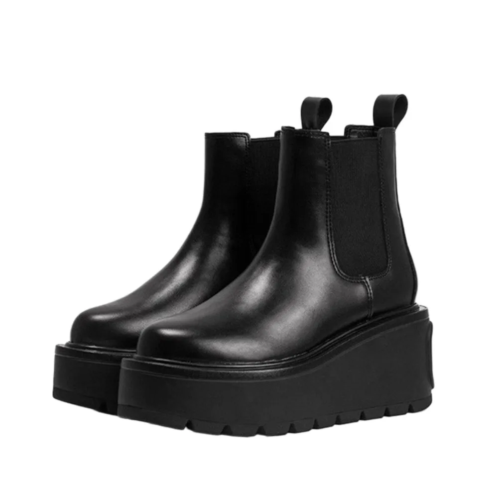 Fashion Women's Genuine Leather Motorcycle Boots Platform Elastic Chelsea Boots Mid-calf Creeper Boots High Top Gothic Sneakers