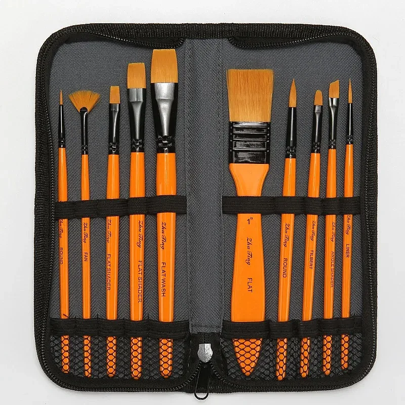 10Pcs Watercolor Paint Brush Set Wooden Handle Nylon Pointed Tip for Oil Acrylic Painting Art Supplies DIY