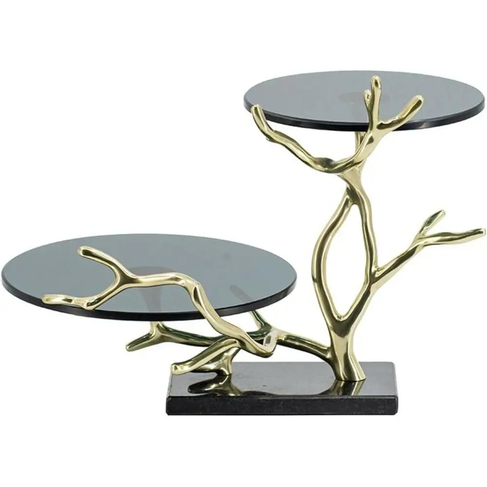 

Luxurious 16.9 Gold & Black Aluminum 2-Tier Cake Stand with Glass & Granite, Perfect for Dessert Displays and Decorative Centerp