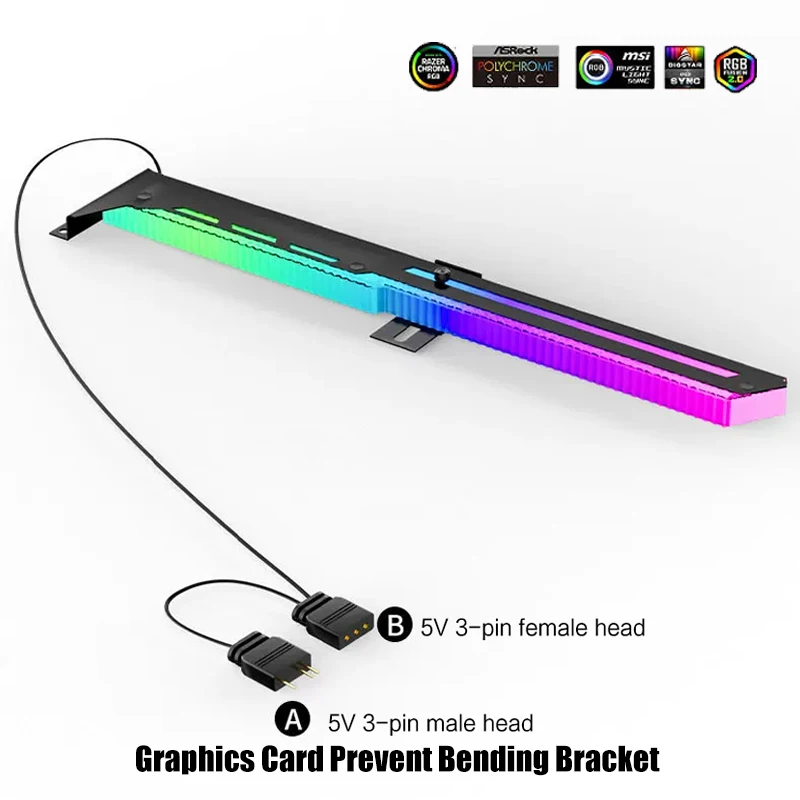 Graphics Card Holder Prevent Bending Bracket ARGB 5V AURA, Diamond Patterned Luminescence Design Horizontal Holder, Black/White - view 4