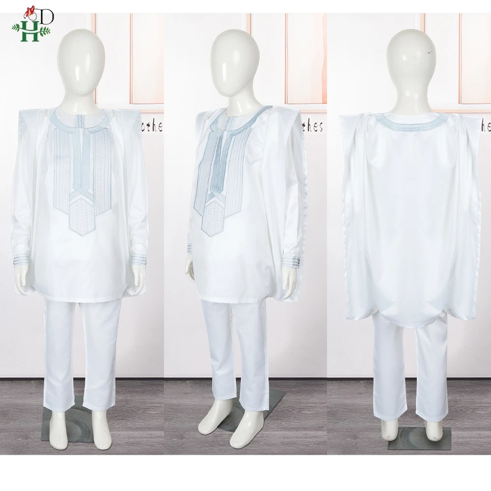 2025 New African Dresses For Kid Boy Traditional Embroidery Suits Tops and Pants 3PCS White Thobe Muslim Robe Child Wedding Wear