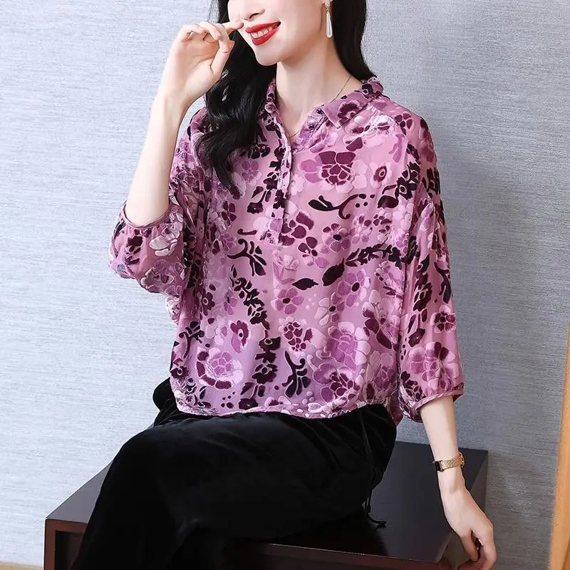 Elegant Lapel Button Printed Folds Floral Blouses Women's Clothing 2023 Autumn Winter Loose Casual Tops Office Lady Shirts