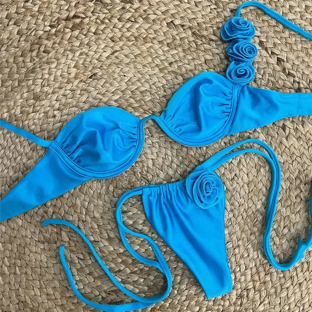 Sexy 3D Fiore Blu Push Up Bikini Set 2024 Donne Rugosa Con Ferretto Costumi Da Bagno Micro Perizoma Costume Da Bagno Costume Da Bagno Bikini Mujer