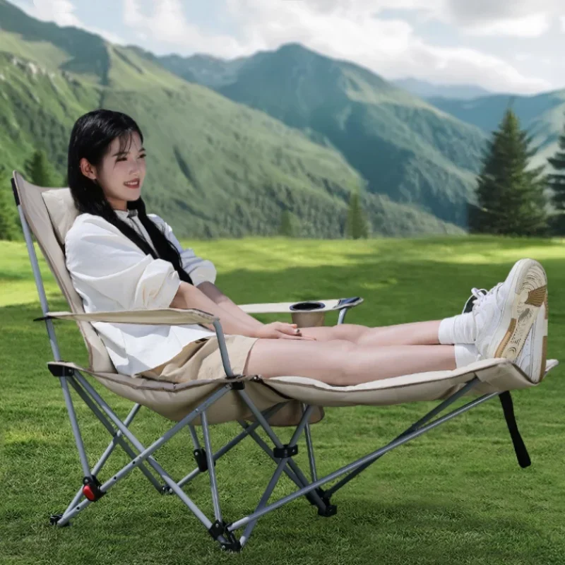 Folding Recliner Portable Camping Chair with Adjustable Backrest and Cotton-Filled Seat for Travel Beach Fishing Outdoor Chair