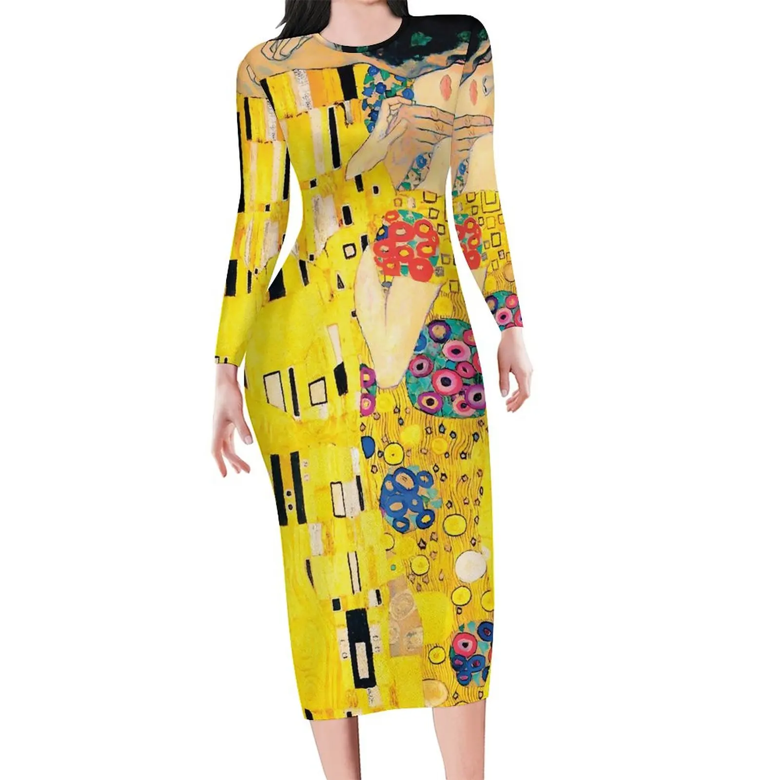 Klimt Art Bodycon Dress Spring The Kiss Print Elegant Dresses Female Long Sleeve Graphic Street Wear Dress Large Size 5XL 6XL