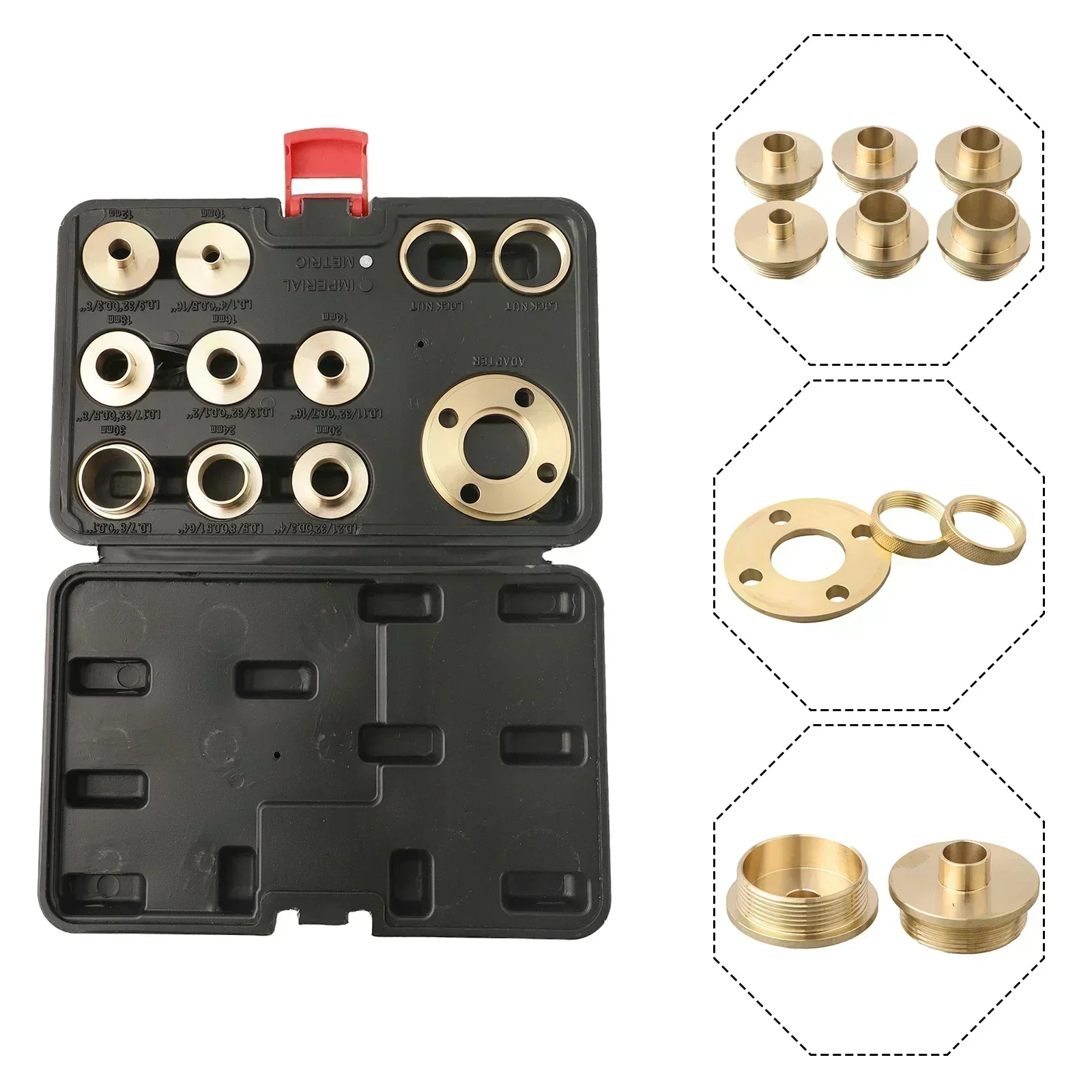 

11 Pcs/set Brass Template Router Guides With Lock Nut Adapter 10-30mm Router Template Guide Bushing Kit Milling Tool Accessories