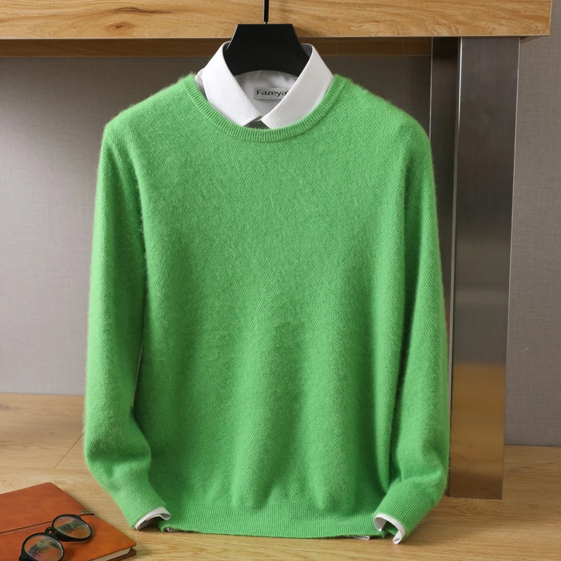 2023 Men\'s 100% Mink Sweater Cashmere Knitting Large Spring New High-End Warm Top Flat Round Neck Pullover Versatile