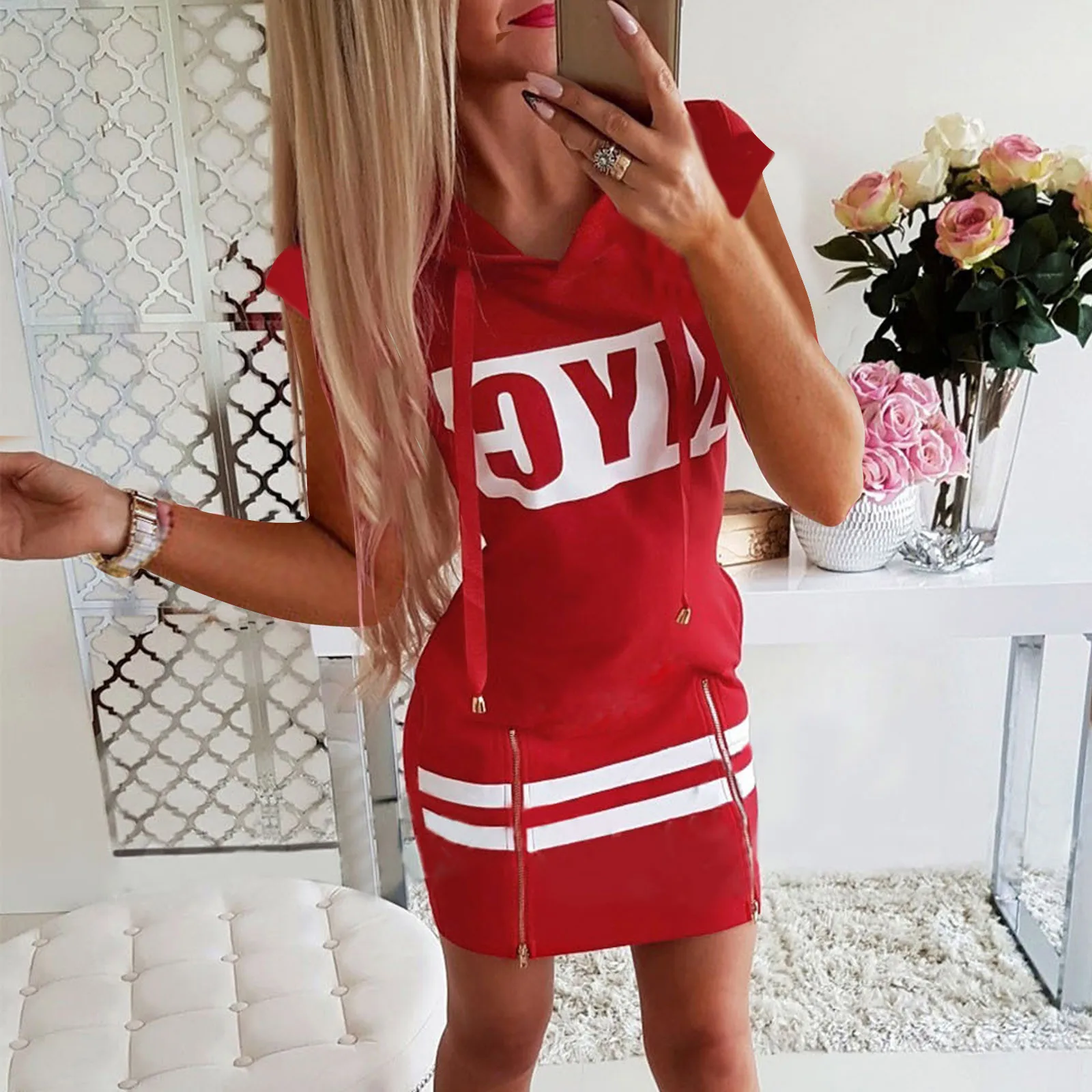 Mulheres zíper moda vestido de manga curta fino ajuste solto curto impressão com capuz pulôver vestidos túnica vestido ropa de mujer notícias