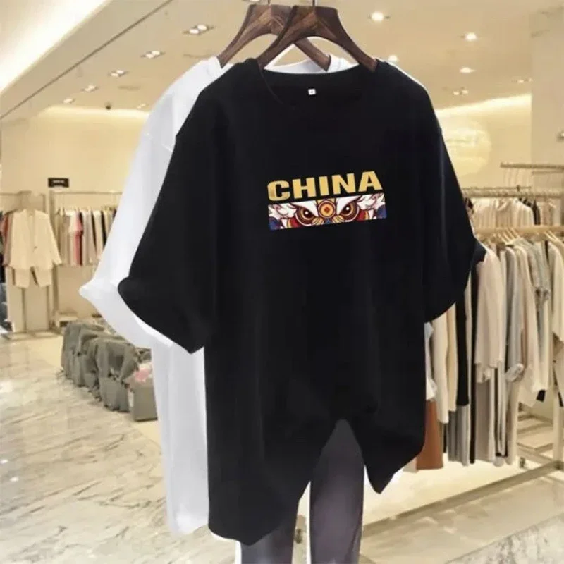 Frauen chinesischen Stil lose Pullover Sommer Brief Cartoon gedruckt reine Kurzarm T-Shirt Dame M-6XL Rundhals ausschnitt Basics Tops