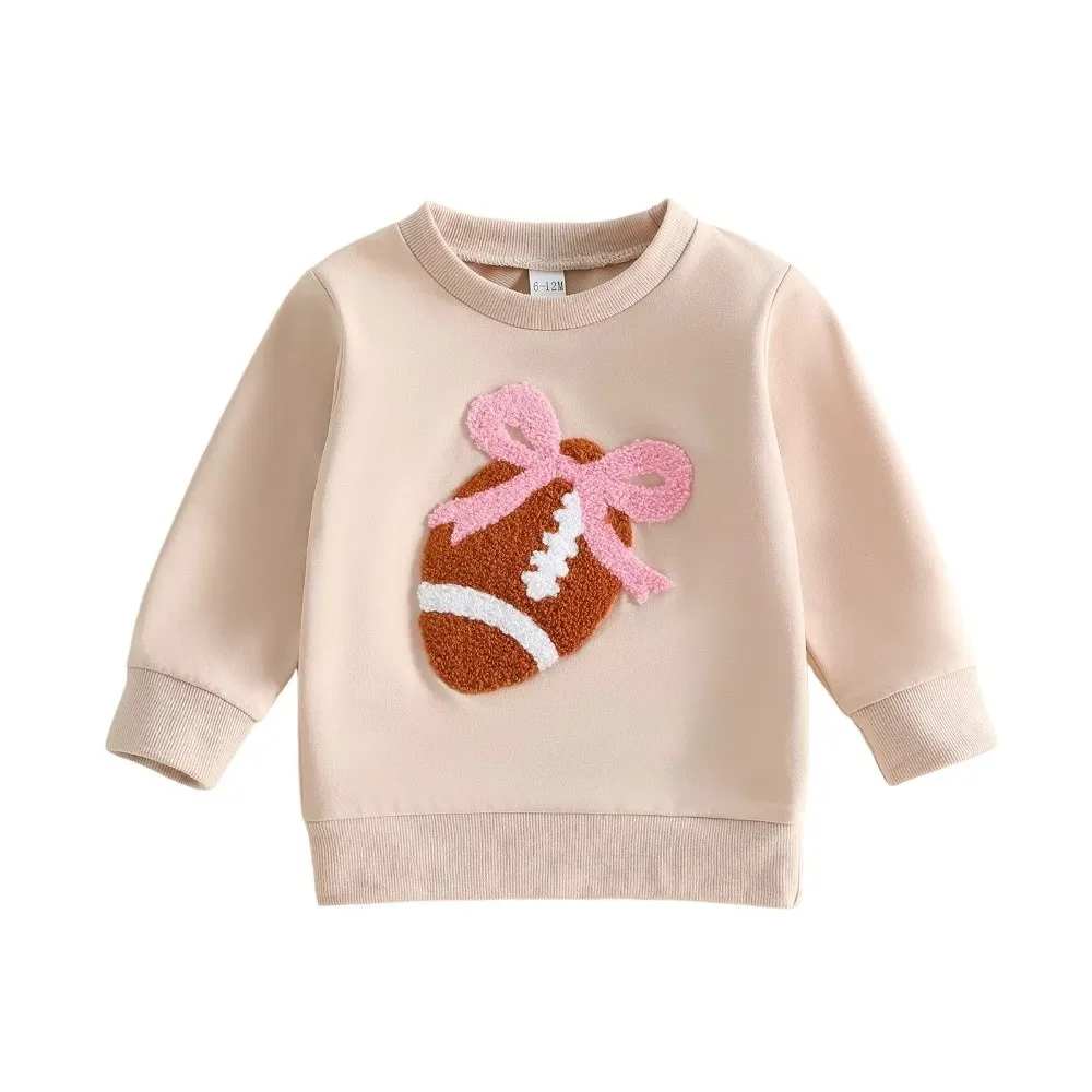 Crew Neck Crew Neck Sweatshirt Chenille Patch Long Sleeve Long Sleeve Pullover Football Patch Bow Design Girls Sweatshirt Top