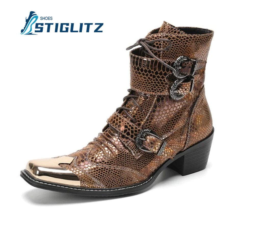 Snake Pattern Buckle Vintage Ankle Boots for Men Luxurious Workwear Leather Boots Metal Rivets Square Toe Punk Style Men\'s Shoes