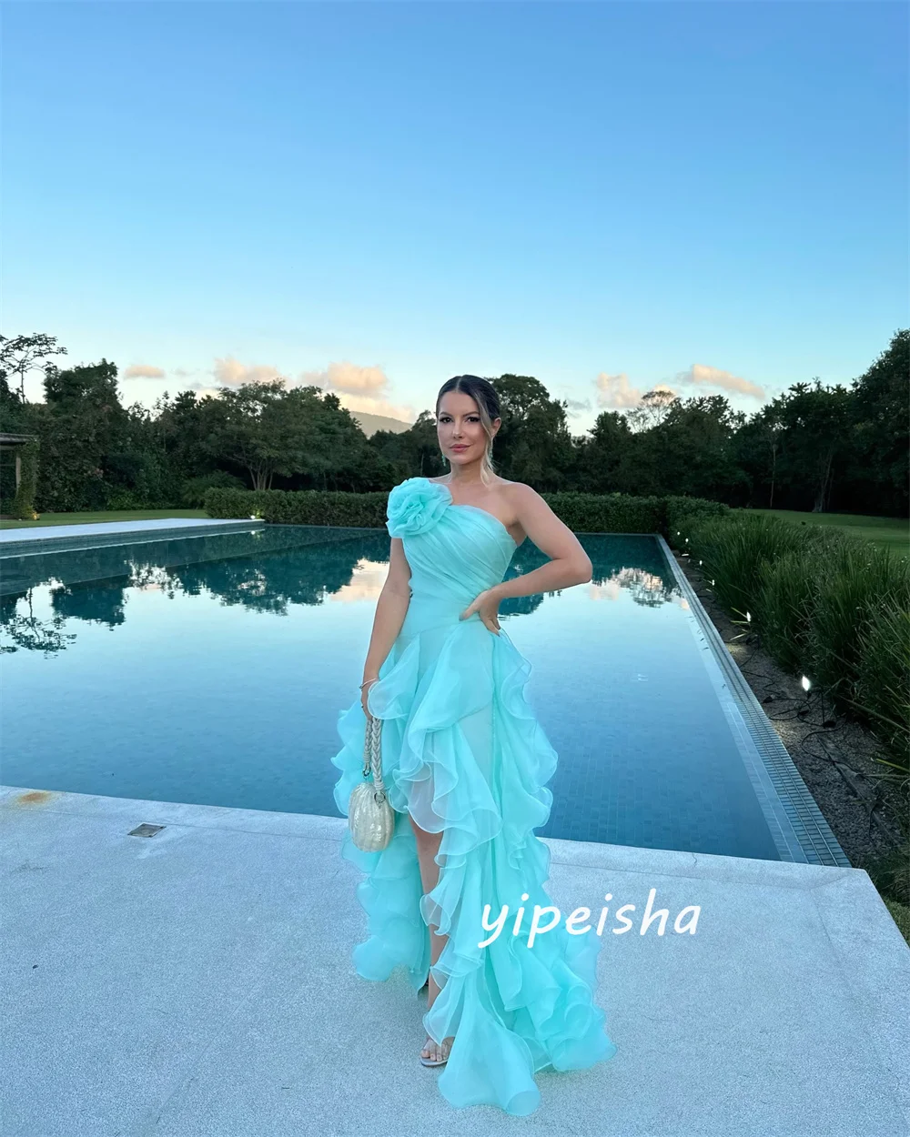 Customized Matching Fashion Pleat Ruched Handmade Flower A-line One-shoulder  Ankle Length Evening Dresses For Birthday Party