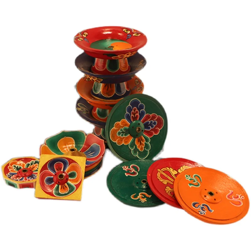 Hand-drawn Pattern Nepalese Lotus Incense Stand Hand-painted Incense Stand Box Burner Exquisite Natural Solid Wood Tea House