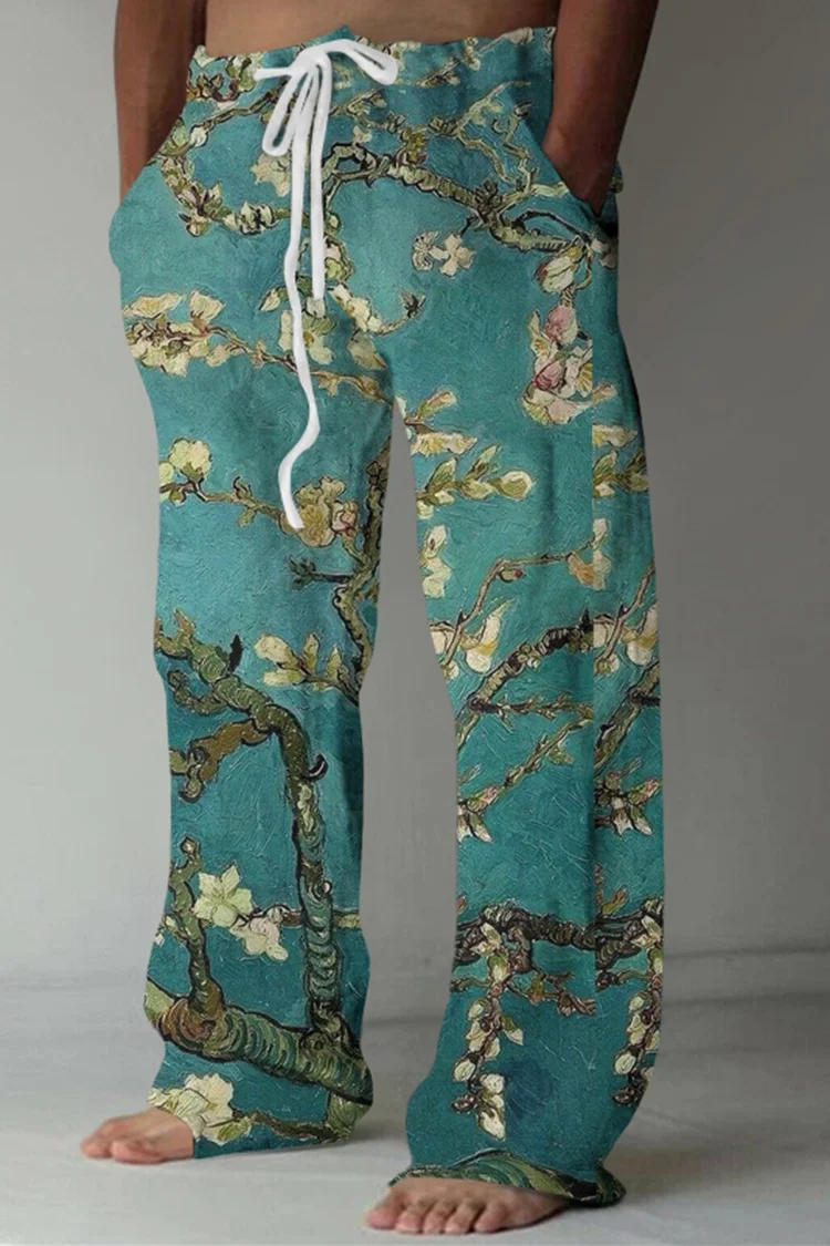 New Hawaiian style linen pants summer fashion 3D printed note wide leg pants holiday casual loose pants men's loose beach pants