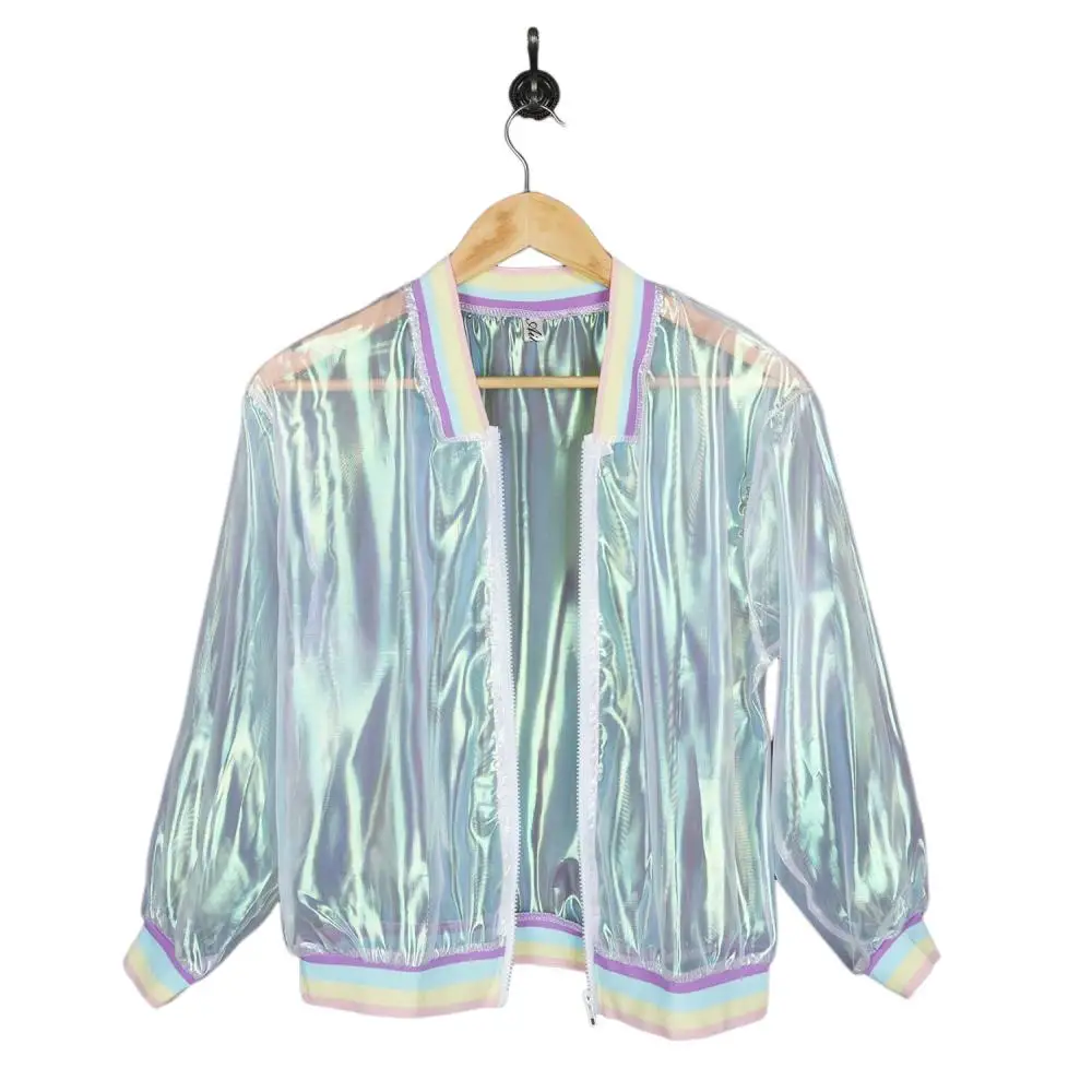 Ladies Girls Transparent Jacket Holographic Coat Rainbow Bomber Jackets One Size