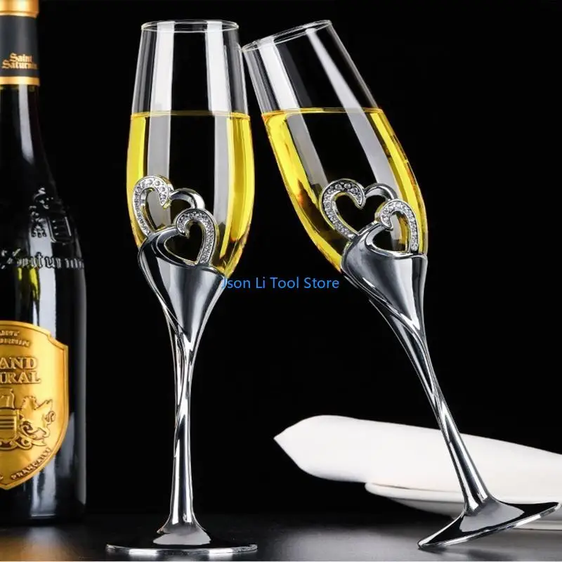 

Y08D 2Pcs Wedding Champagne Glass Set Toasting Flute Glasses with for Rhinestone Crystal Rimmed Hearts Decor Drink Goblet Cup