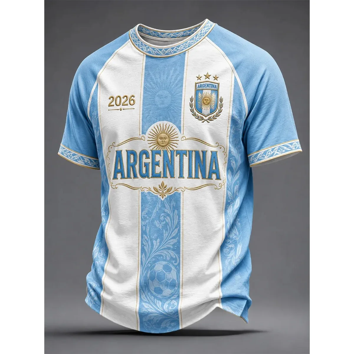 Familien-Partnerlook: Inspiriert vom argentinischen Sonnenmuster – Fußball-T-Shirt mit Raglan-Ärmeln, zweifarbigen Bündchen, schneller Feuchtigkeitsableitung, lässiges Sport-Oberteil – Detail 6