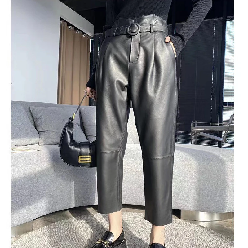 

Spring Leather Pants Women Trendy European Fashion Female Thin Belt Mujer Matt Smoke Pipe Streetwear Beige Cargo Pants Calf-Len