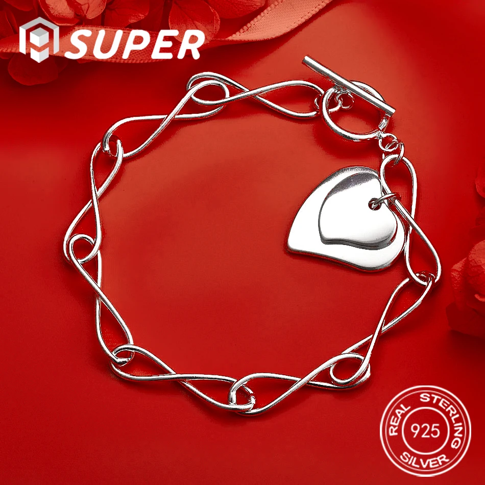 

ALISuper 925 Sterling Silver 8-inch Delicate Heart-Shaped Bracelet for Women, Fashionable Wedding Jewelry