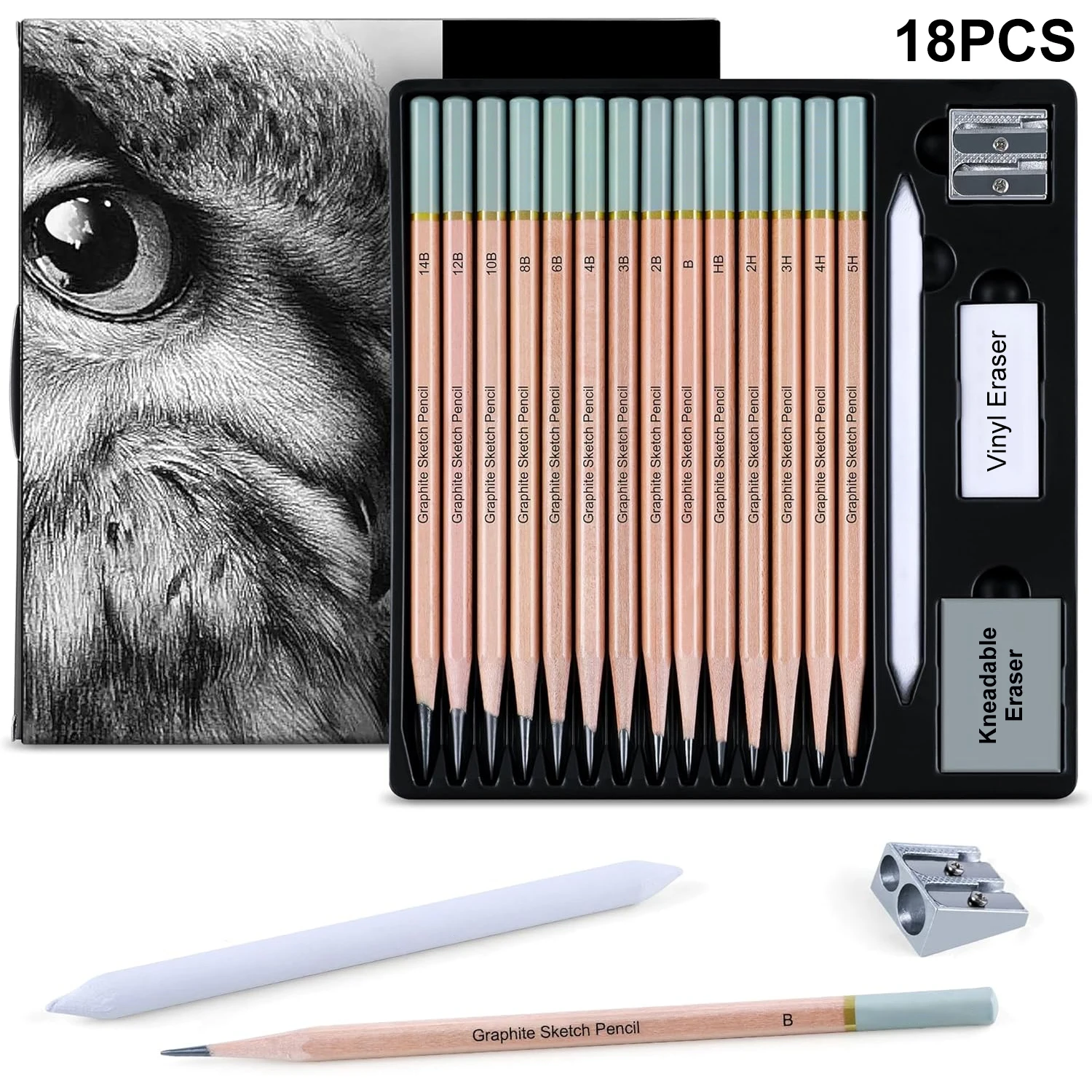 18-Piece Professional Sketch Pencil Set - Includes 5H to 14B Pencils,Eraser,Sharpener & Paper Blending Stump - Ideal for Artists