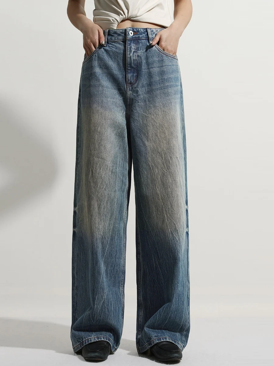 

Jolan 2025 New Vintage Faded Ice Cra Pattern Полностью хлопковые широкие джинсы Джинсовые брюки P702 Весна Осень l Длинная футболка с талией...