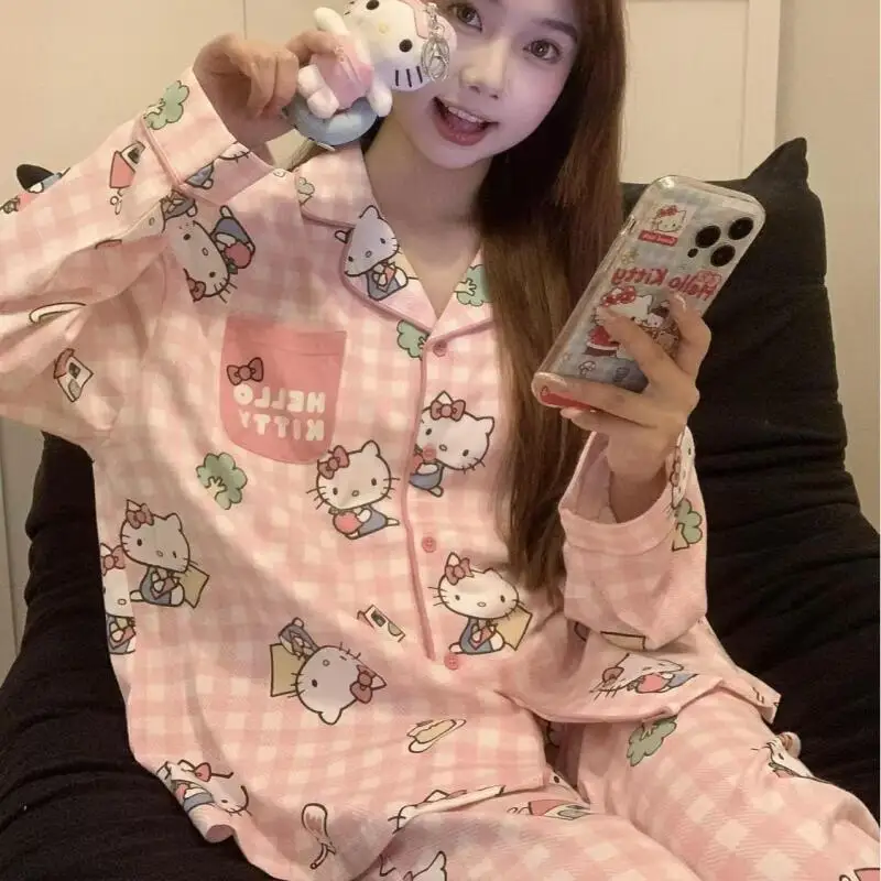 

Hello Kitty Women Pajama Set Cardigan Long Sleeve Long Pants Sweet Girl Home Loungewear Spring Autumn Sanrio Kawaii Sleepwear