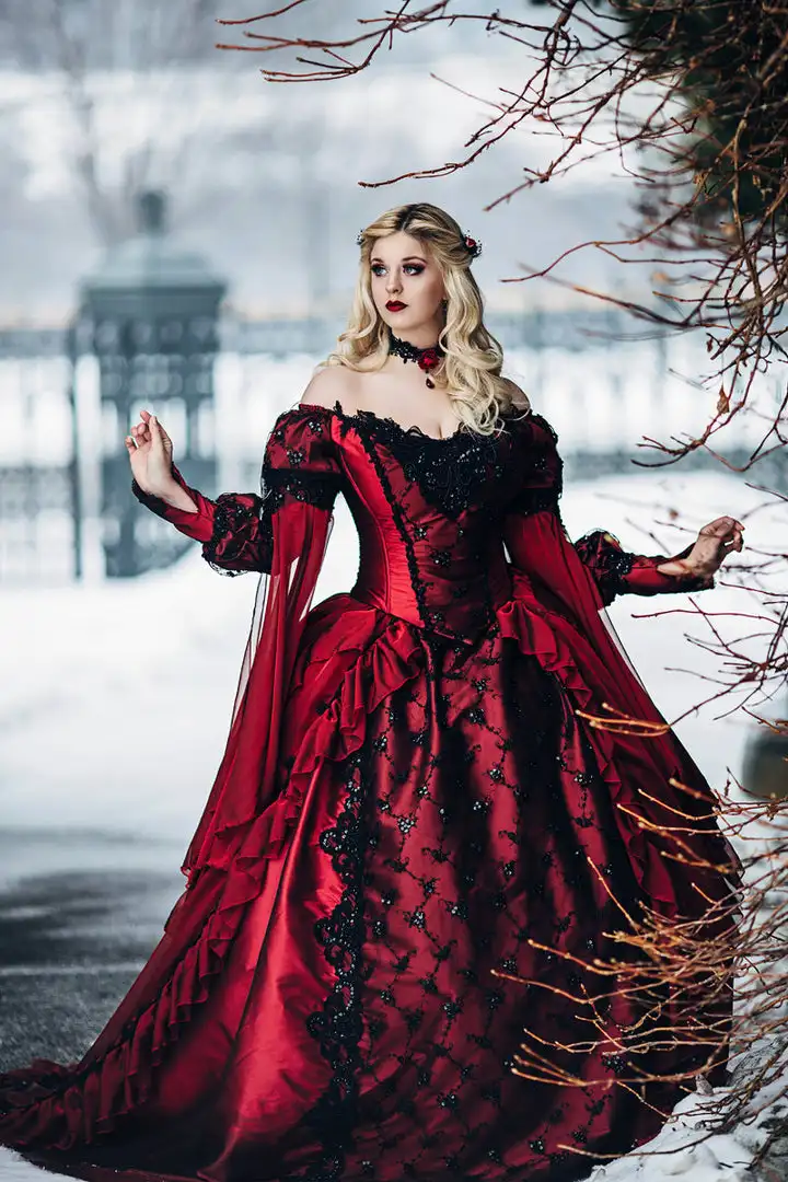 Vestido de novia gótico de la Bella Durmiente, princesa Medieval, rojo y negro, vestido de baile de novia, manga larga, Apliques de encaje, vestidos victorianos