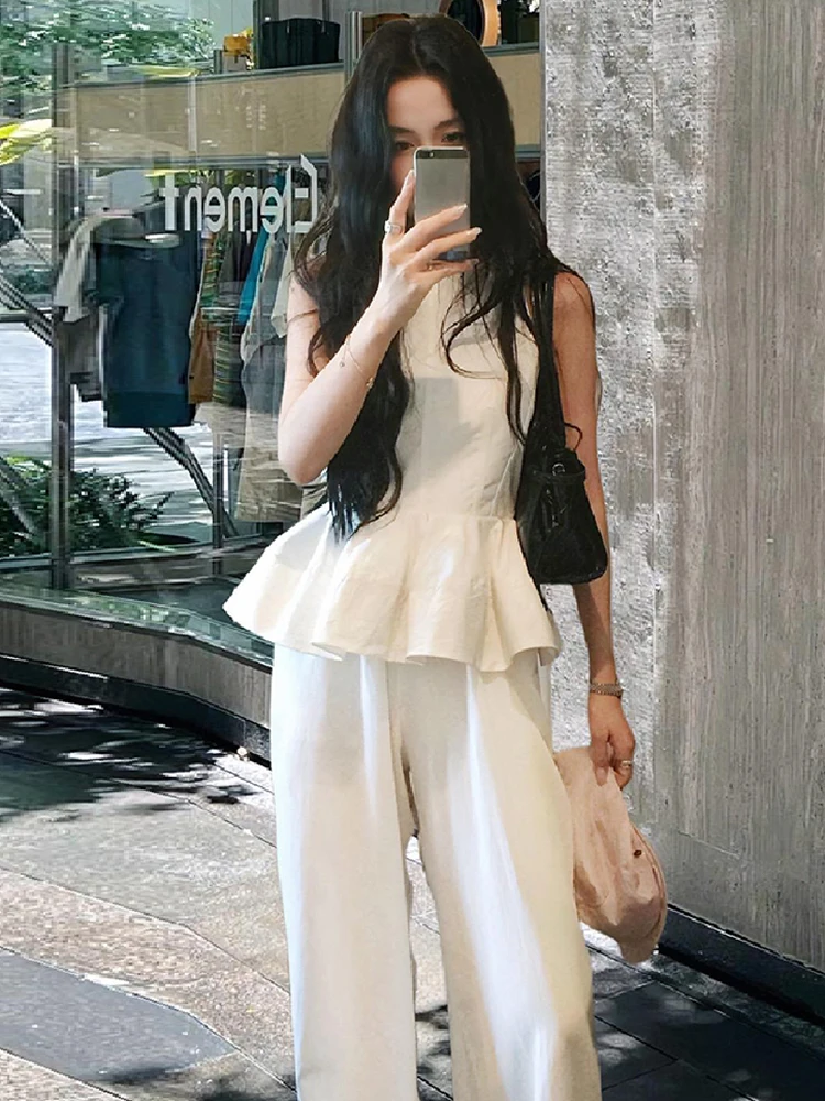 2024 Summer New Hotsweet French Two Piece Sets Women Sleeveless Top + High Waist Wide leg pants Suits