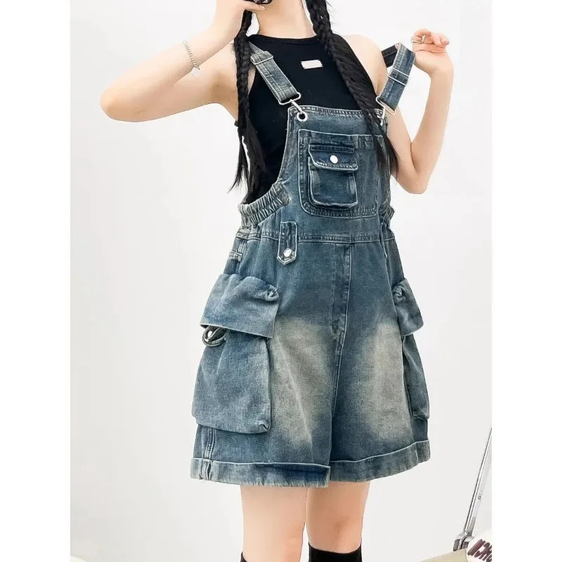 Korean Style Casual Personalized Denim Suspender for Women 2025 Summer New Loose Wide-legged One-piece Shorts
