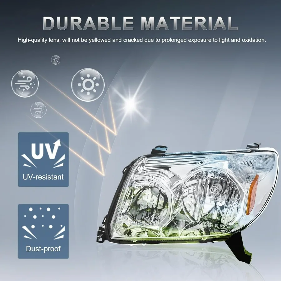 ชุดไฟหน้าคู่สำหรับรถยนต์โตโยต้า ฟอร์จูนเนอร์ ปี 2003-2005 พร้อมเลนส์ใส/กรอบโครเมียม/แผ่นสะท้อนแสงสีเหลืองอำพัน ไฟหน้าด้านหน้า