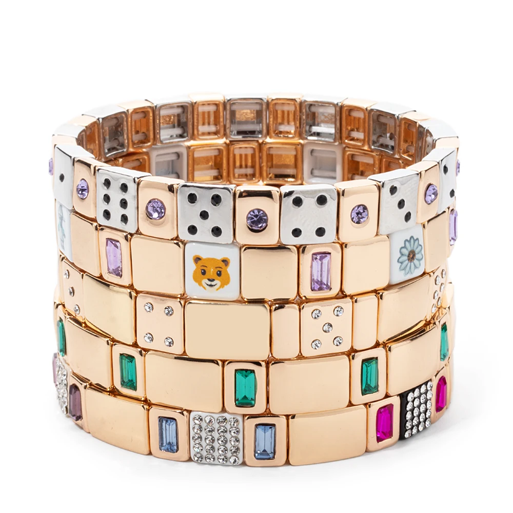 2024 New Fashion Gold Color Enamel Dice Bead Bracelet for Women Bohemian Beads Inlaid Colorful Zircon Elastic Jewelry Accessory
